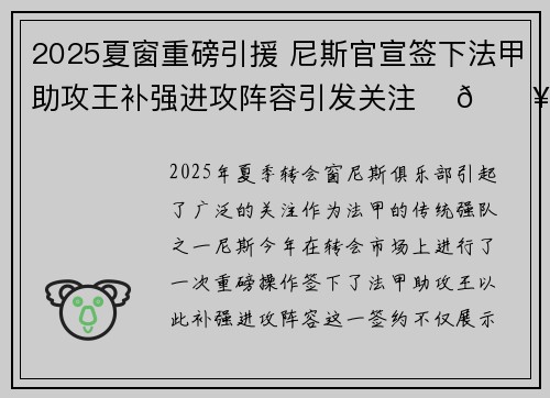 2025夏窗重磅引援 尼斯官宣签下法甲助攻王补强进攻阵容引发关注 ⚽🔥