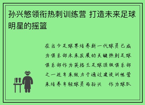 孙兴慜领衔热刺训练营 打造未来足球明星的摇篮